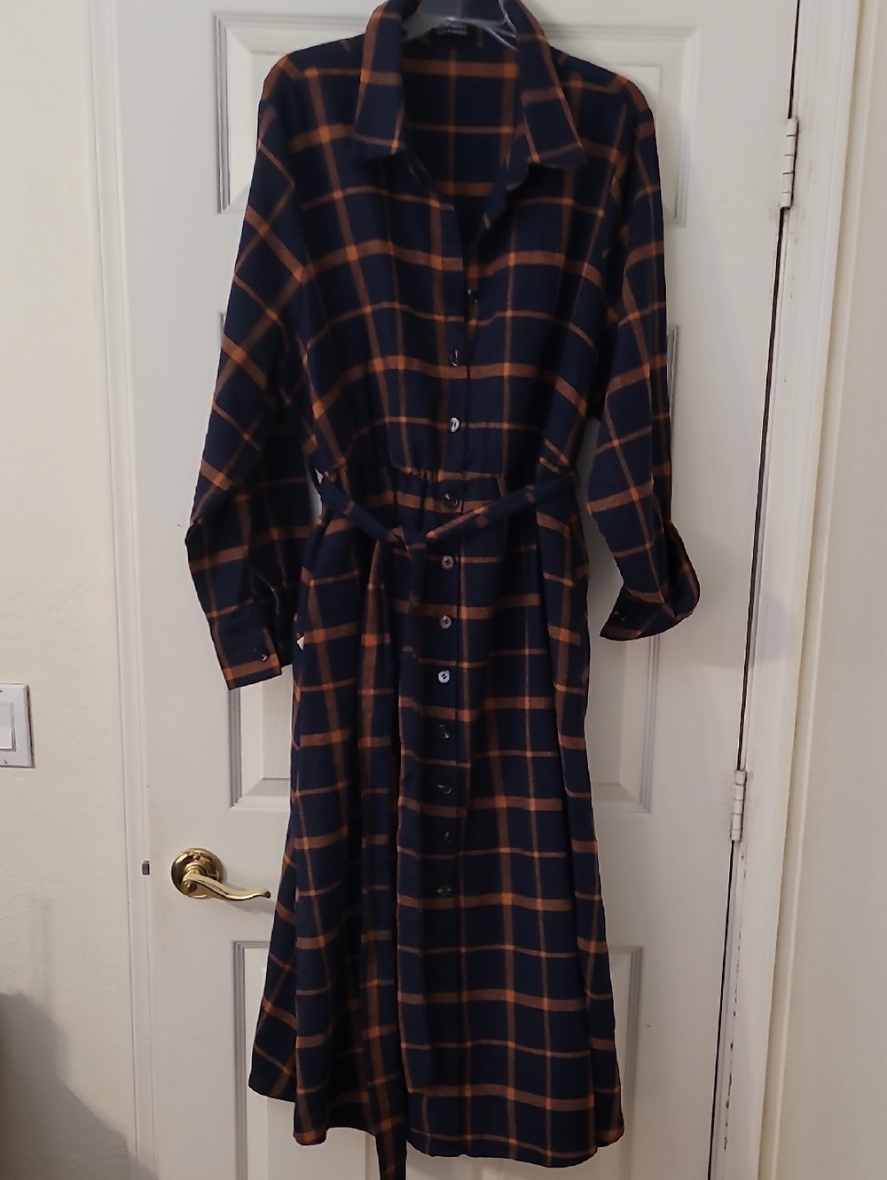 BloomChic Navy and Orange Plaid Midi Shirt Dress with Belt